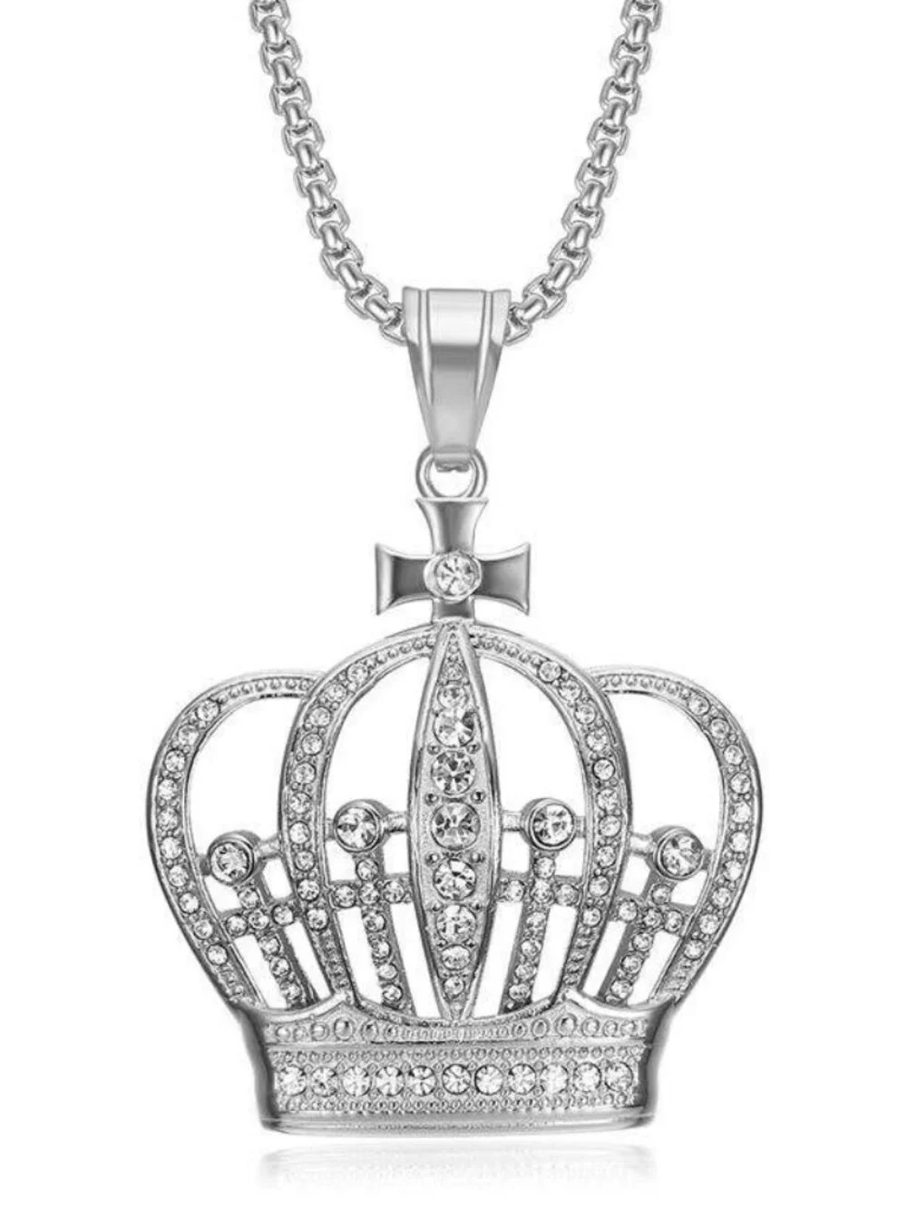Silver Royal Crown Cross Pendant Necklace King Queen Charm Bling Fashion Gift